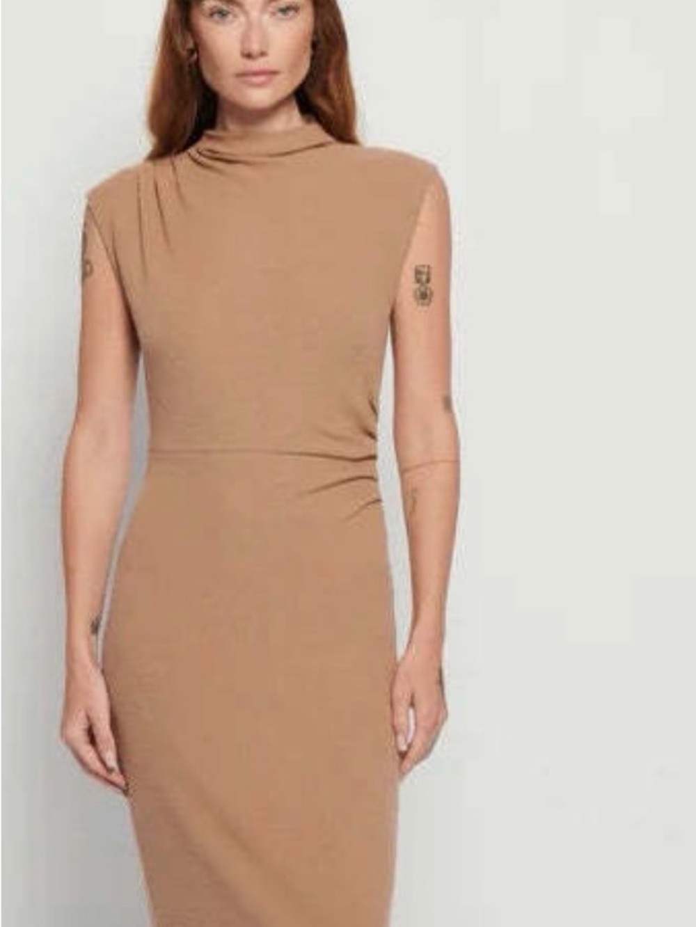 Nation LTD Clarisse Draped Ruched Midi Dress in Camel